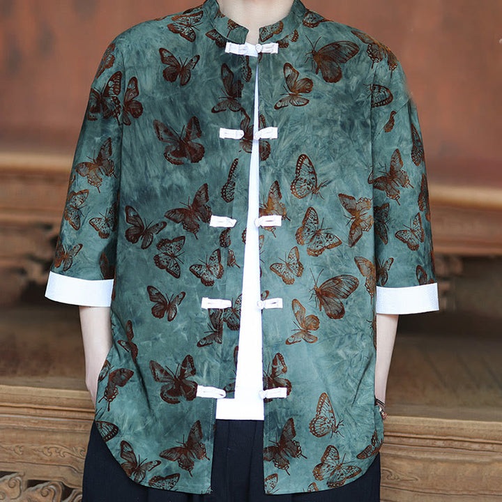 Buddha Stones Jacquard Butterfly Pattern White Frog-Button Design Stand Collar Men's Three Quarter Sleeve Cotton Shirt Cardigan - image 4