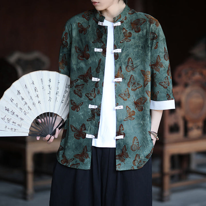 Buddha Stones Jacquard Butterfly Pattern White Frog-Button Design Stand Collar Men's Three Quarter Sleeve Cotton Shirt Cardigan - image 1