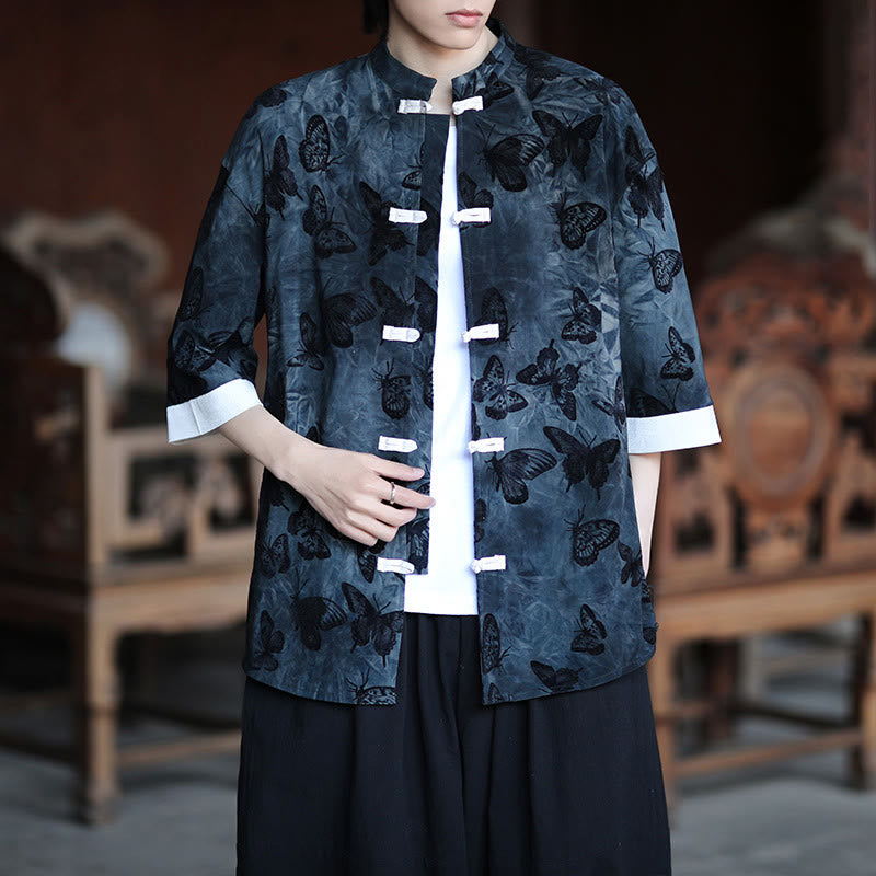 Buddha Stones Jacquard Butterfly Pattern White Frog-Button Design Stand Collar Men's Three Quarter Sleeve Cotton Shirt Cardigan - image 11