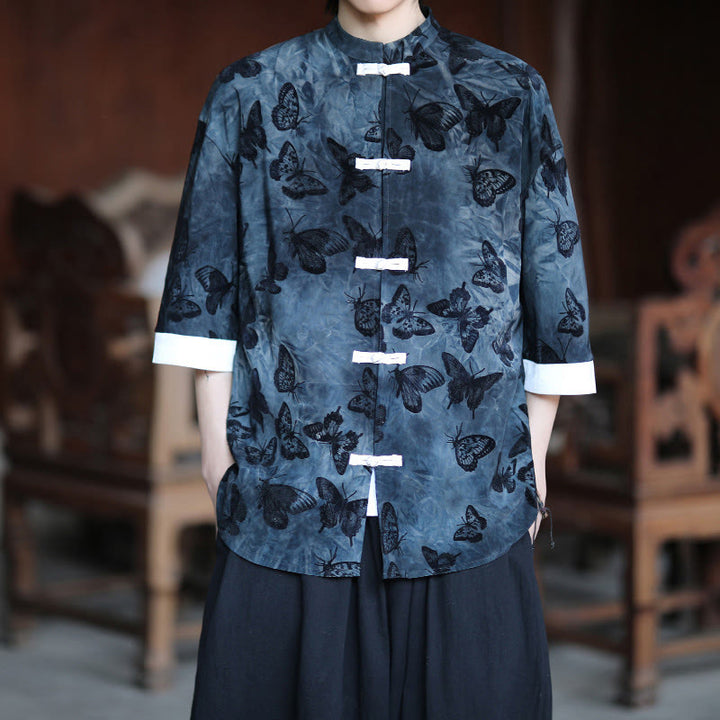 Buddha Stones Jacquard Butterfly Pattern White Frog-Button Design Stand Collar Men's Three Quarter Sleeve Cotton Shirt Cardigan - image 10