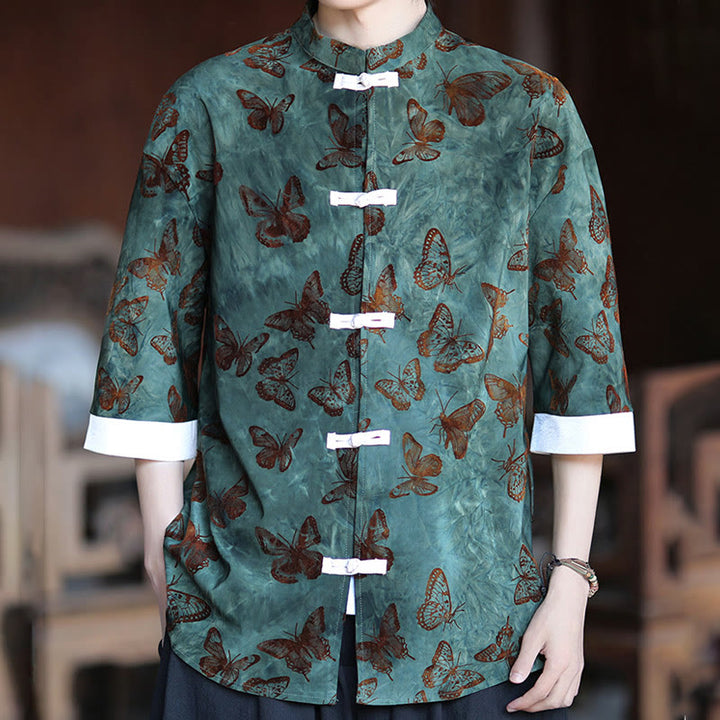 Buddha Stones Jacquard Butterfly Pattern White Frog-Button Design Stand Collar Men's Three Quarter Sleeve Cotton Shirt Cardigan - image 5