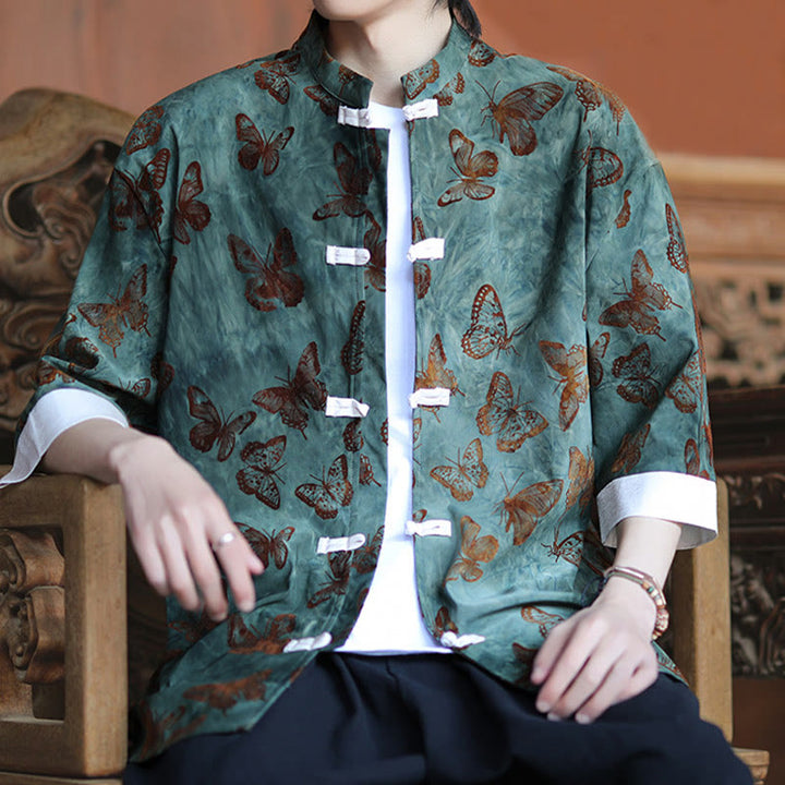Buddha Stones Jacquard Butterfly Pattern White Frog-Button Design Stand Collar Men's Three Quarter Sleeve Cotton Shirt Cardigan - image 6