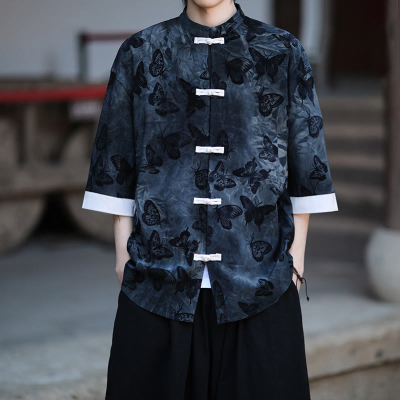 Buddha Stones Jacquard Butterfly Pattern White Frog-Button Design Stand Collar Men's Three Quarter Sleeve Cotton Shirt Cardigan - MidnightBlue - US/UK/AU46，EU56 (5XL) - image 8