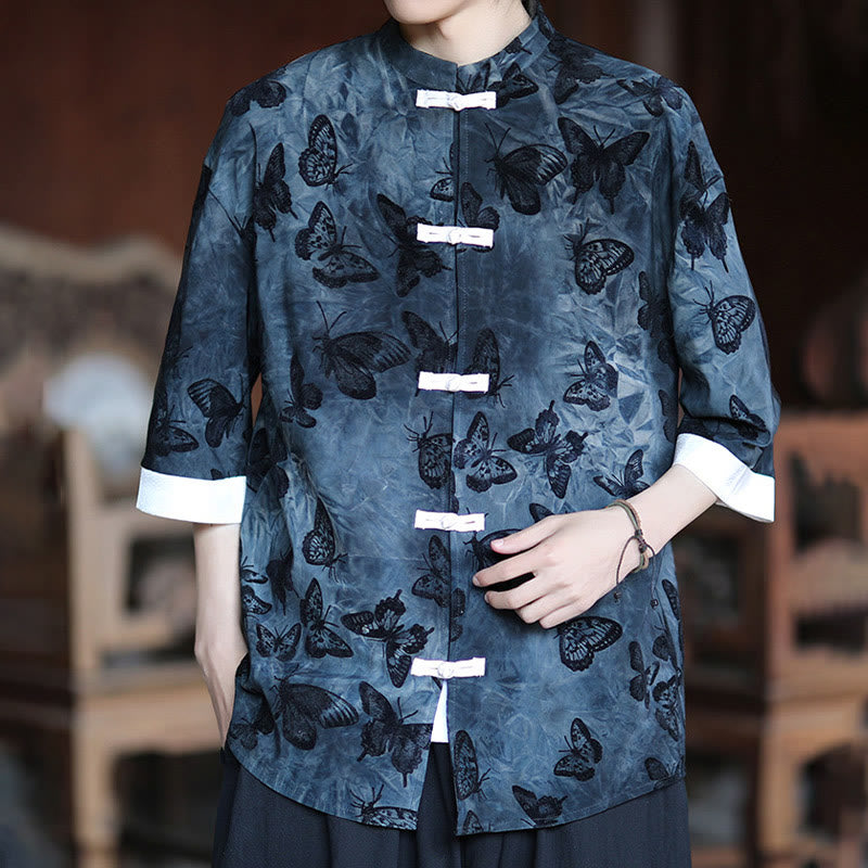 Buddha Stones Jacquard Butterfly Pattern White Frog-Button Design Stand Collar Men's Three Quarter Sleeve Cotton Shirt Cardigan - image 14