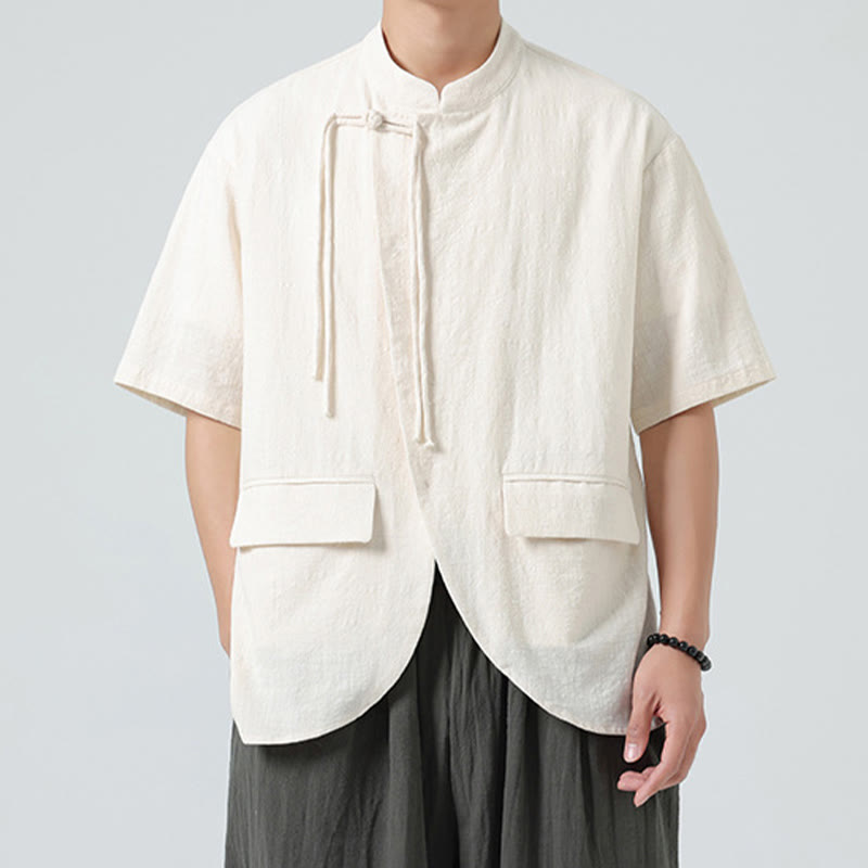 Buddha Stones Vintage Solid Color Irregular Hem Design Stand Collar Men's Half Sleeve Cotton Shirt Cardigan With Pockets - Beige - US/UK/AU46，EU56 (5XL) - image 0