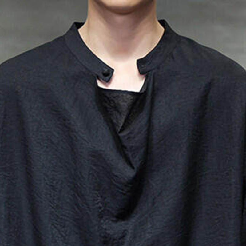 Buddha Stones Spring Solid Color Pleated Stand Collar Design Tang Suit Men's Long Sleeve Linen Shirt - image 14