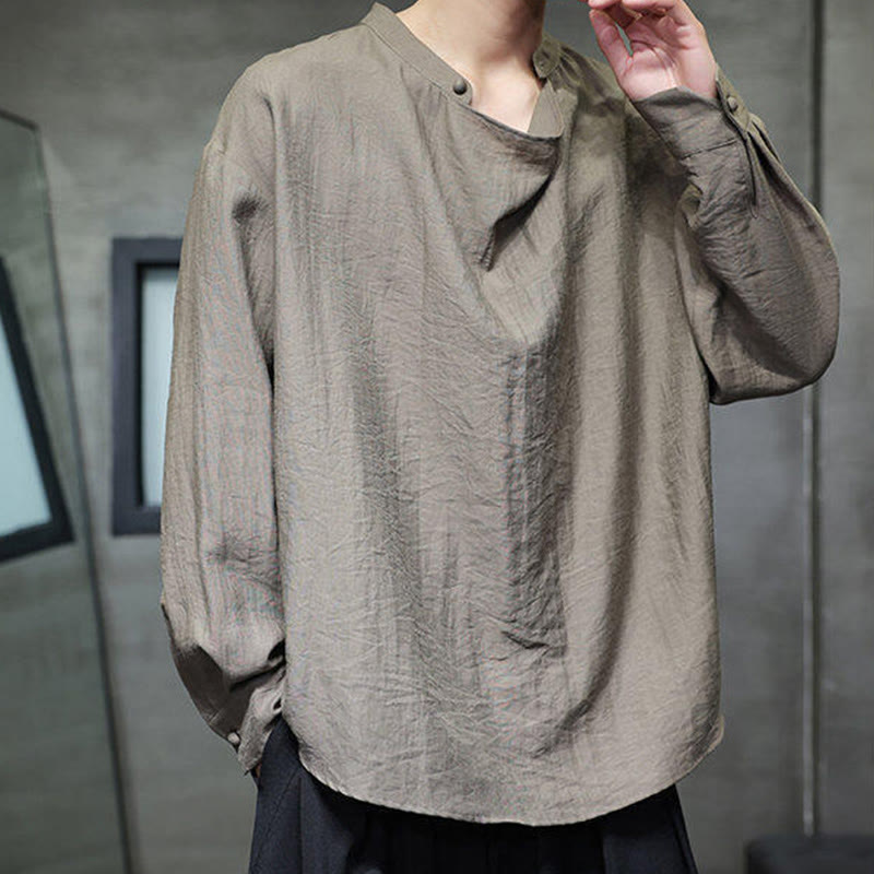 Buddha Stones Spring Solid Color Pleated Stand Collar Design Tang Suit Men's Long Sleeve Linen Shirt - image 1