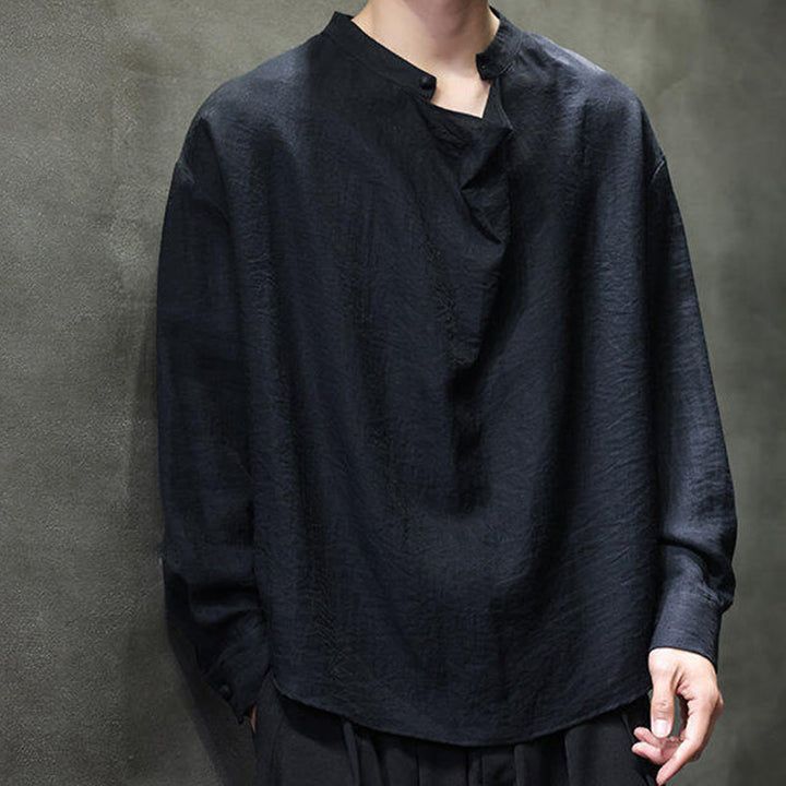 Buddha Stones Spring Solid Color Pleated Stand Collar Design Tang Suit Men's Long Sleeve Linen Shirt - image 12