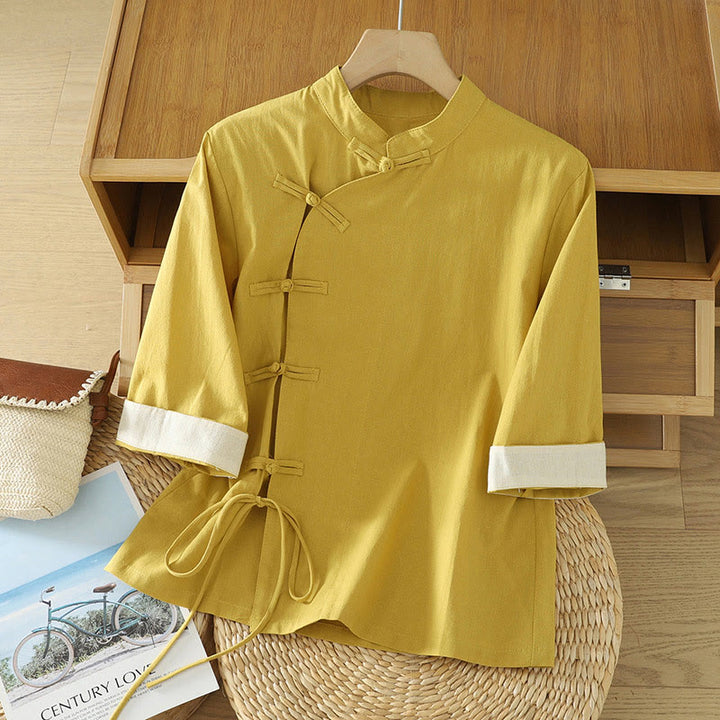 Buddha Stones Casual Vintage Chinese Frog-Button Lace-Up Patchwork Design Women's Cotton Shirt - Gold - US8-10，UK/AU12-14，EU40-42 (2XL) - image 5