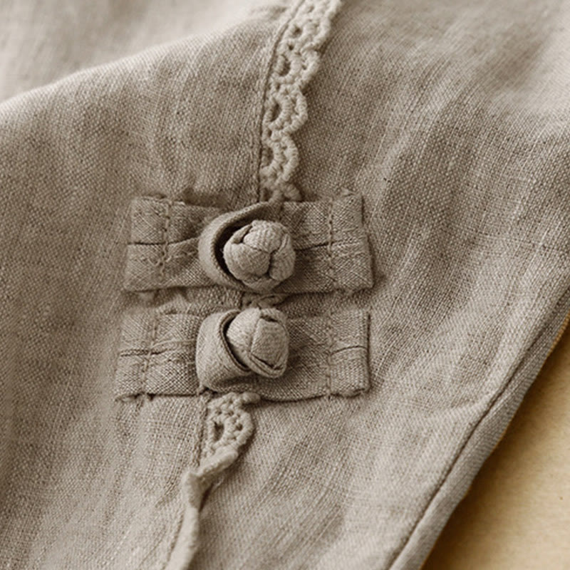 Buddha Stones Summer Frog-Button Lace High Waist Women's Cotton Linen Pants With Pockets - image 5