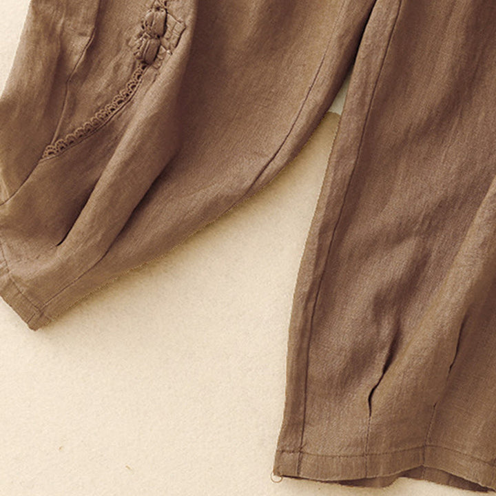 Buddha Stones Summer Frog-Button Lace High Waist Women's Cotton Linen Pants With Pockets - image 17