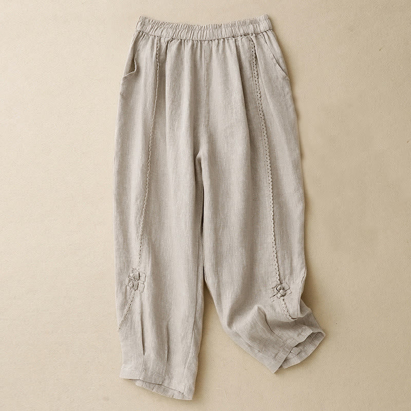 Buddha Stones Summer Frog-Button Lace High Waist Women's Cotton Linen Pants With Pockets - Linen - US8-10，UK/AU12-14，EU40-42 (2XL) - image 0
