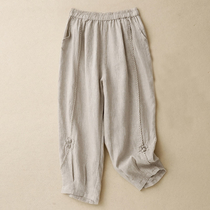 Buddha Stones Summer Frog-Button Lace High Waist Women's Cotton Linen Pants With Pockets - Linen - US8-10，UK/AU12-14，EU40-42 (2XL) - image 0