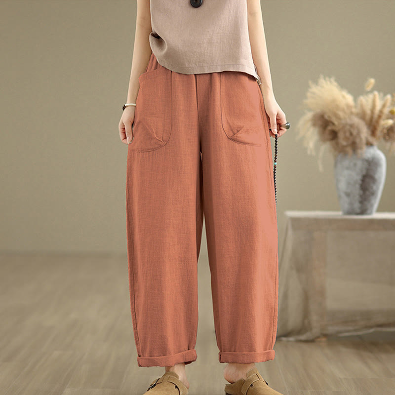 Buddha Stones Casual Daily Plain Simple Design Women's Cotton Linen Harem Pants With Pockets - image 17