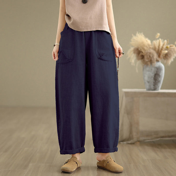 Buddha Stones Casual Daily Plain Simple Design Women's Cotton Linen Harem Pants With Pockets - Navy - US8-10，UK/AU12-14，EU40-42 (2XL) - image 11
