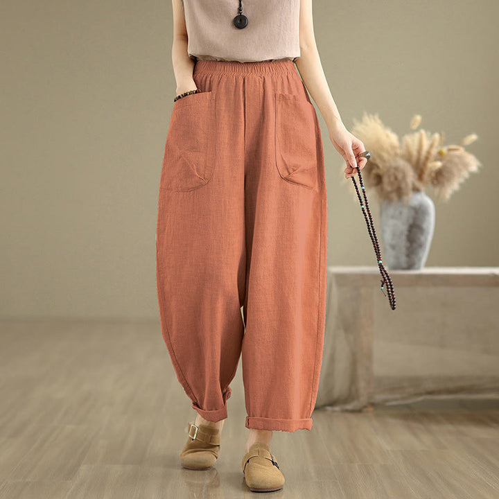 Buddha Stones Casual Daily Plain Simple Design Women's Cotton Linen Harem Pants With Pockets - DarkOrange - US8-10，UK/AU12-14，EU40-42 (2XL) - image 15