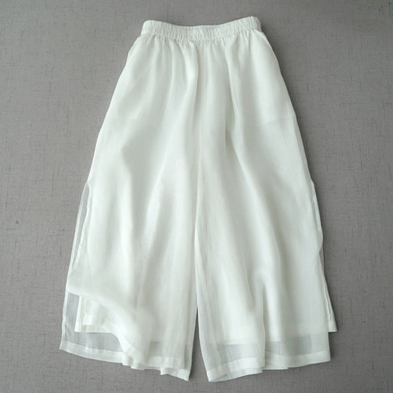 Buddha Stones Casual Plain Ramie Slit 7-8 Length Women's Wide Leg Pants With Pockets - White - US8-10，UK/AU12-14，EU40-42 (2XL) - image 11