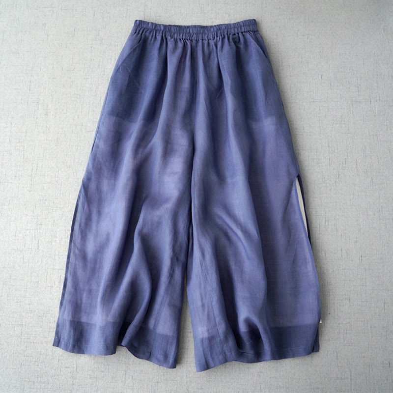 Buddha Stones Casual Plain Ramie Slit 7-8 Length Women's Wide Leg Pants With Pockets - CornflowerBlue - US8-10，UK/AU12-14，EU40-42 (2XL) - image 0