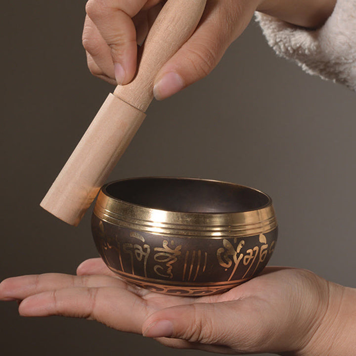 Buddha Stones Handmade Singing Bowl Buddha Eyes Scripture Pattern for Healing and Meditation Sound Bowl Set - image 6