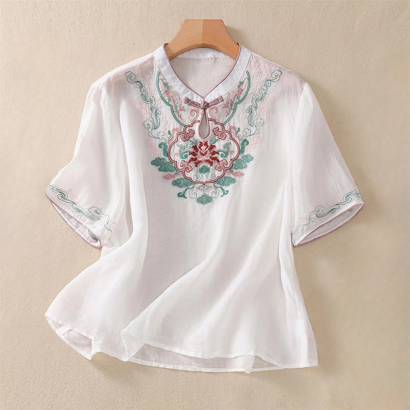 Buddha Stones Casual Retro Embroidery Frog-Button Design Women's Cotton Linen Half Sleeve Shirt - White - US14，UK/AU18，EU46 (4XL) - image 12