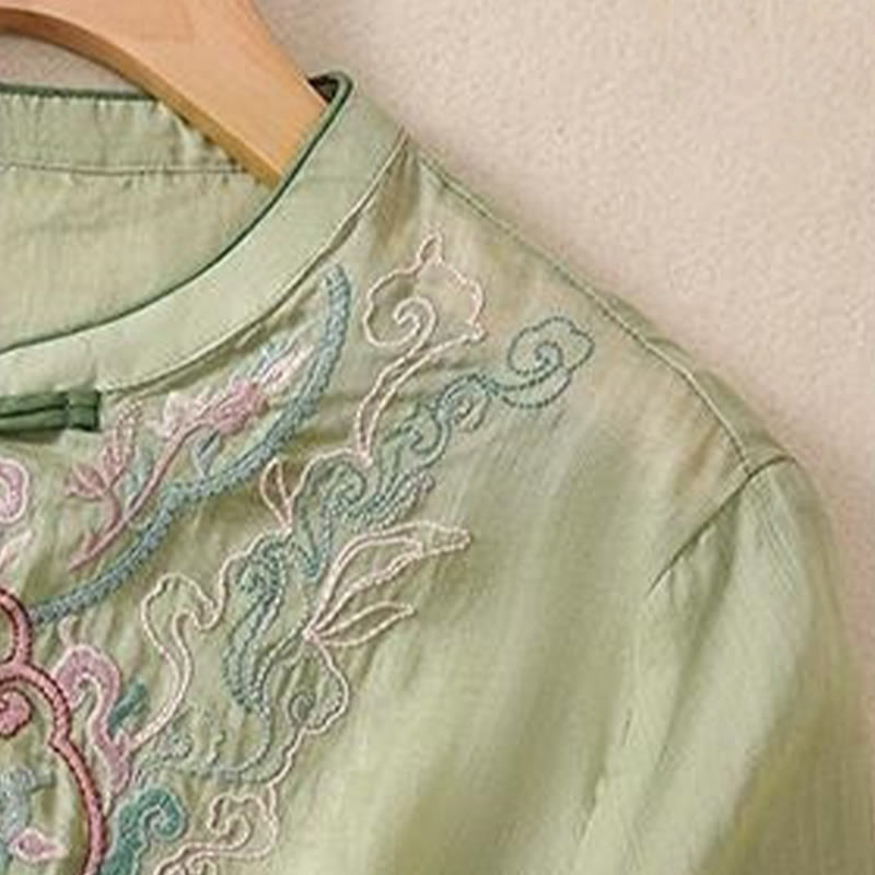 Buddha Stones Casual Retro Embroidery Frog-Button Design Women's Cotton Linen Half Sleeve Shirt - image 4