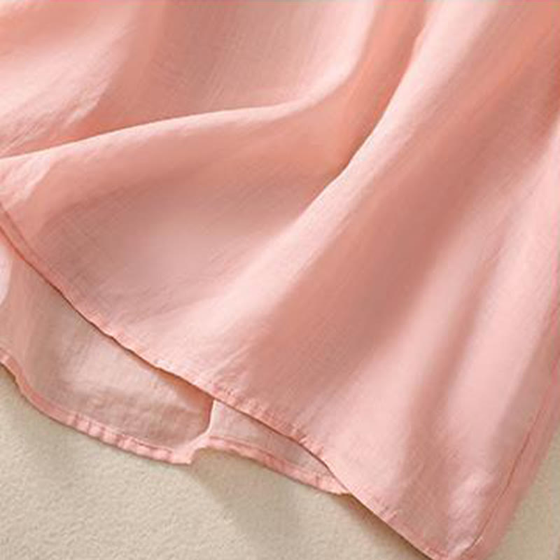 Buddha Stones Casual Retro Embroidery Frog-Button Design Women's Cotton Linen Half Sleeve Shirt - image 9