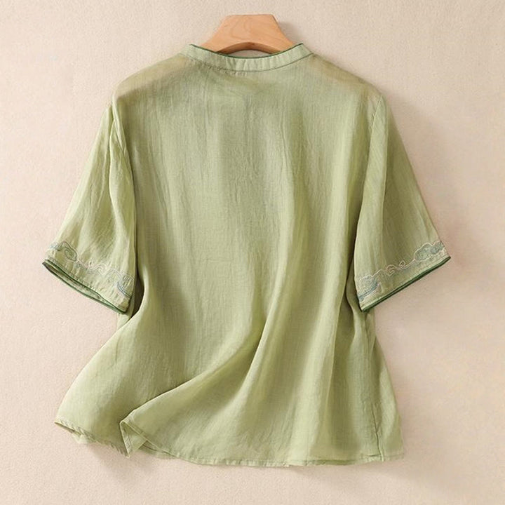 Buddha Stones Casual Retro Embroidery Frog-Button Design Women's Cotton Linen Half Sleeve Shirt - image 3
