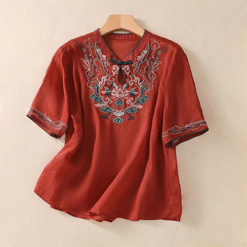 Buddha Stones Casual Retro Embroidery Frog-Button Design Women's Cotton Linen Half Sleeve Shirt - FireBrick - US14，UK/AU18，EU46 (4XL) - image 17