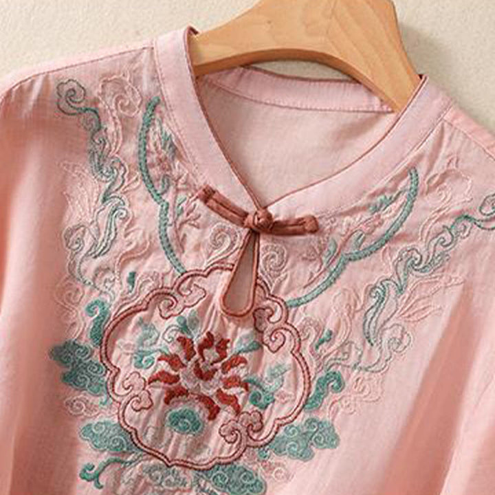 Buddha Stones Casual Retro Embroidery Frog-Button Design Women's Cotton Linen Half Sleeve Shirt - image 7