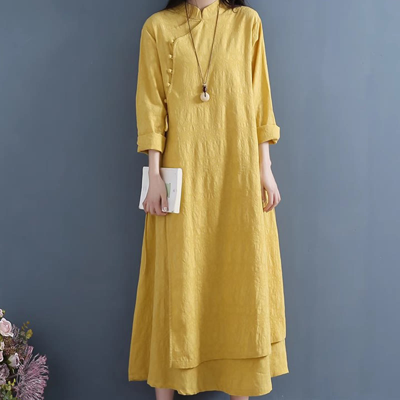 Buddha Stones Spring Casual Plain Frog-Button Design Side Lace-Up Midi Dress - image 6