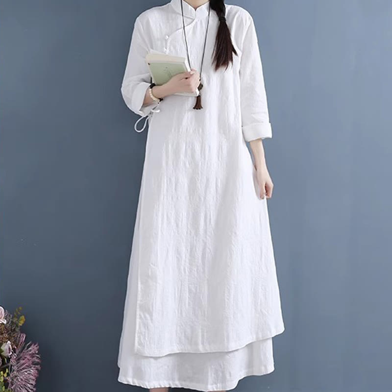 Buddha Stones Spring Casual Plain Frog-Button Design Side Lace-Up Midi Dress - image 1