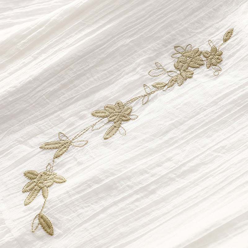 Buddha Stones Summer Casual Plain Embroidery Double Layer Short Sleeve Cotton Linen Midi Dress - image 23