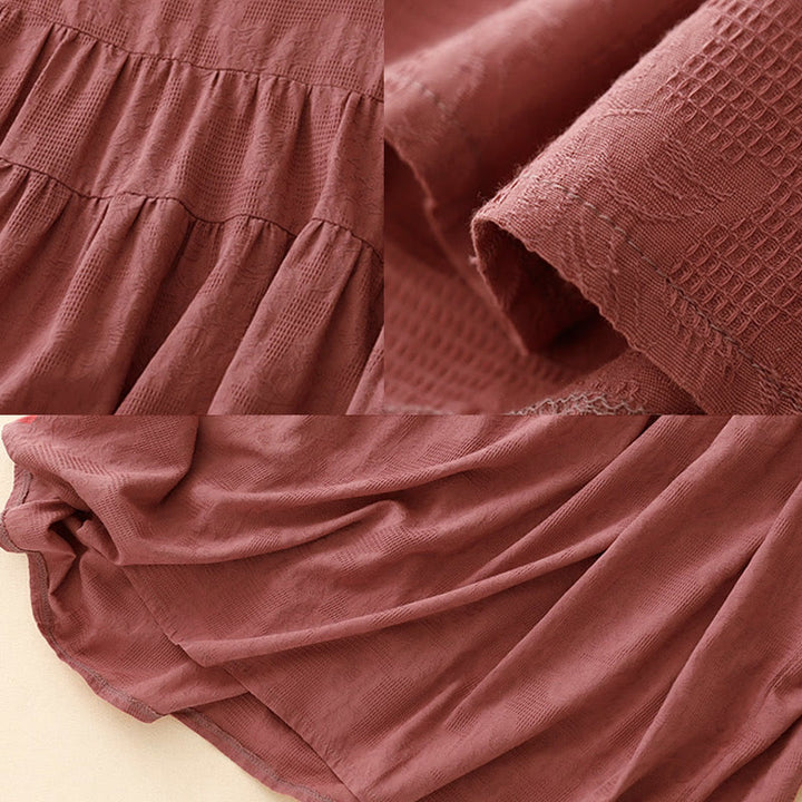 Buddha Stones Summer Jacquard Plain Elastic Cuff Design Crew Neck Short Sleeve Cotton Midi Dress - image 8