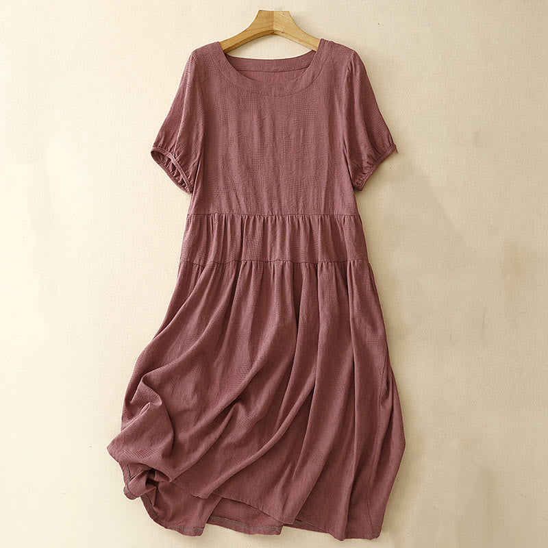 Buddha Stones Summer Jacquard Plain Elastic Cuff Design Crew Neck Short Sleeve Cotton Midi Dress - IndianRed - US8-10，UK/AU12-14，EU40-42 (2XL) - image 5