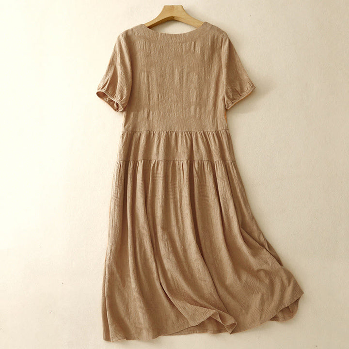 Buddha Stones Summer Jacquard Plain Elastic Cuff Design Crew Neck Short Sleeve Cotton Midi Dress - image 11