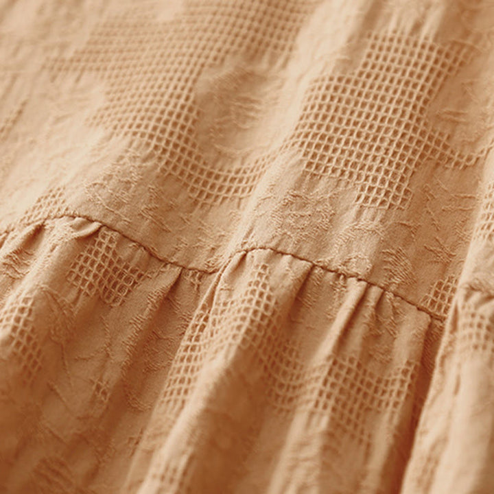 Buddha Stones Summer Jacquard Plain Elastic Cuff Design Crew Neck Short Sleeve Cotton Midi Dress - image 14