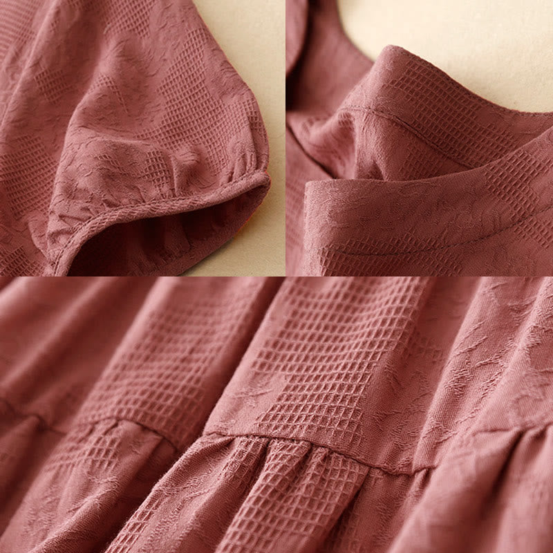 Buddha Stones Summer Jacquard Plain Elastic Cuff Design Crew Neck Short Sleeve Cotton Midi Dress - image 7
