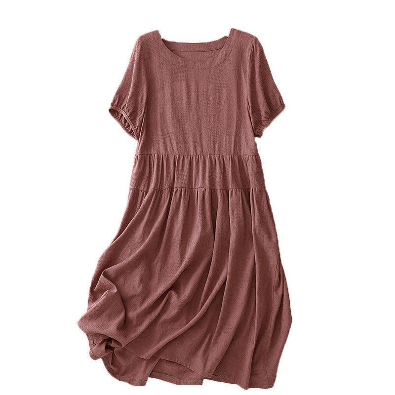 Buddha Stones Summer Jacquard Plain Elastic Cuff Design Crew Neck Short Sleeve Cotton Midi Dress - image 9