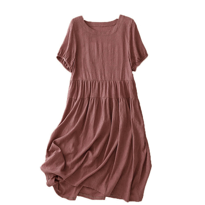 Buddha Stones Summer Jacquard Plain Elastic Cuff Design Crew Neck Short Sleeve Cotton Midi Dress - image 9