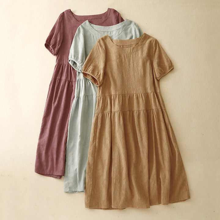 Buddha Stones Summer Jacquard Plain Elastic Cuff Design Crew Neck Short Sleeve Cotton Midi Dress - image 18