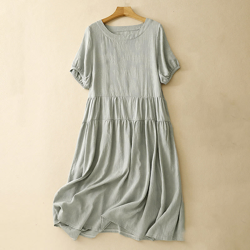 Buddha Stones Summer Jacquard Plain Elastic Cuff Design Crew Neck Short Sleeve Cotton Midi Dress - PaleGreen - US8-10，UK/AU12-14，EU40-42 (2XL) - image 0
