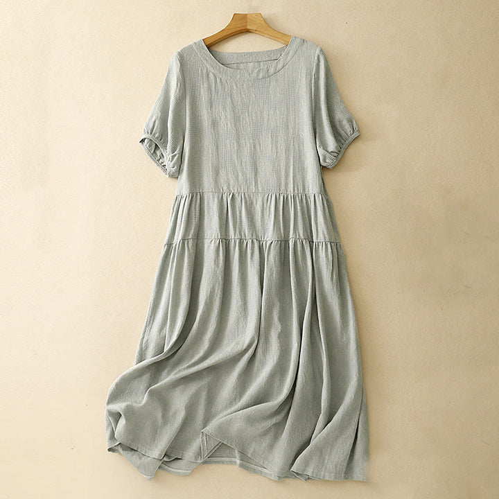 Buddha Stones Summer Jacquard Plain Elastic Cuff Design Crew Neck Short Sleeve Cotton Midi Dress - PaleGreen - US8-10，UK/AU12-14，EU40-42 (2XL) - image 0