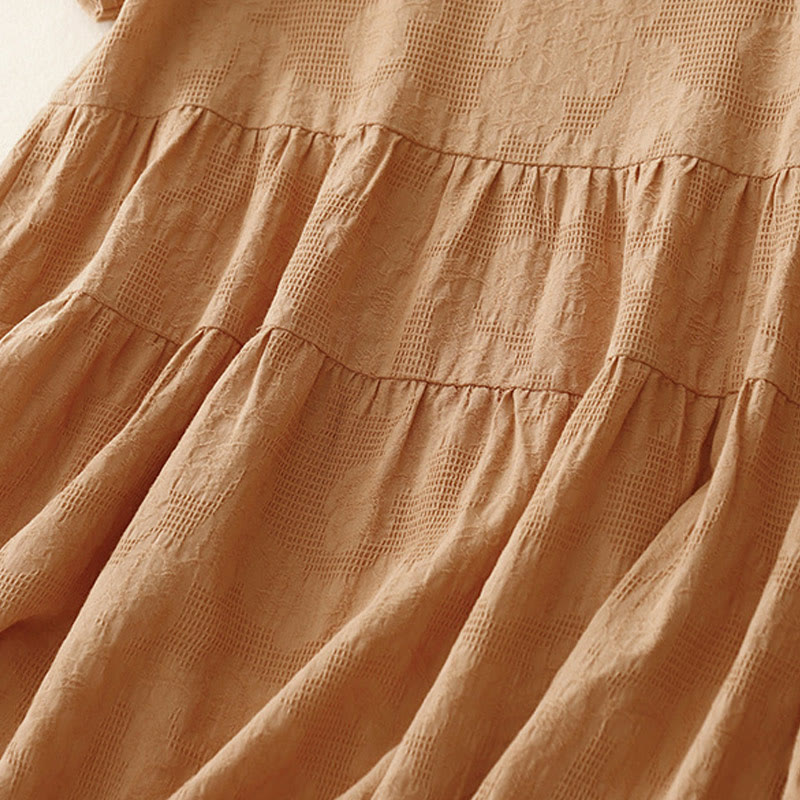 Buddha Stones Summer Jacquard Plain Elastic Cuff Design Crew Neck Short Sleeve Cotton Midi Dress - image 13
