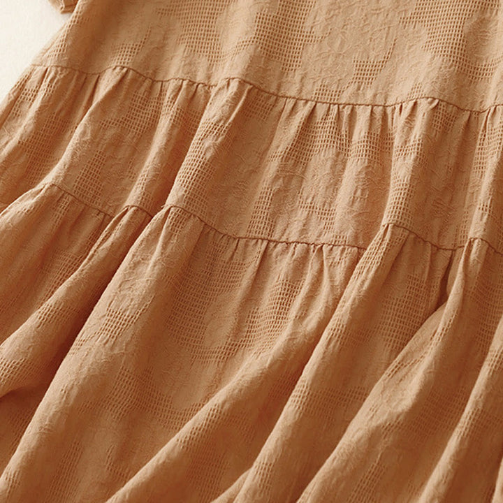 Buddha Stones Summer Jacquard Plain Elastic Cuff Design Crew Neck Short Sleeve Cotton Midi Dress - image 13