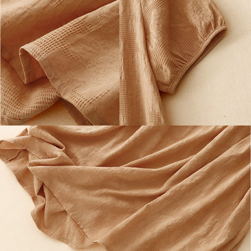 Buddha Stones Summer Jacquard Plain Elastic Cuff Design Crew Neck Short Sleeve Cotton Midi Dress - image 17