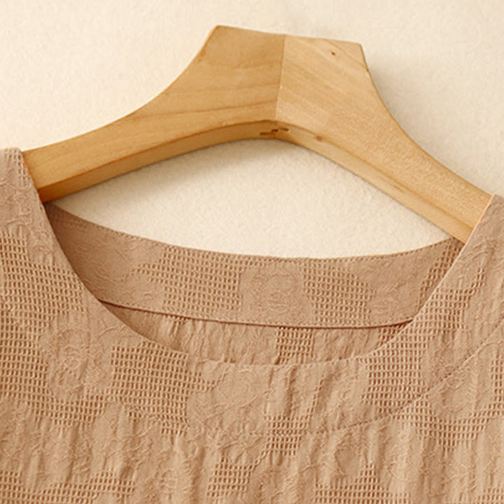 Buddha Stones Summer Jacquard Plain Elastic Cuff Design Crew Neck Short Sleeve Cotton Midi Dress - image 12