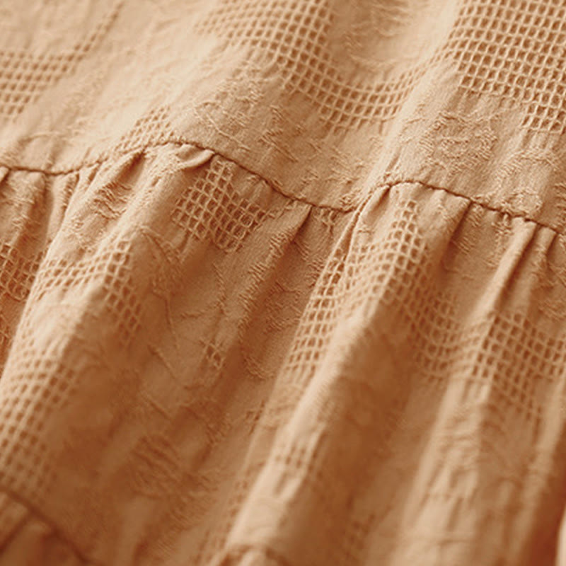 Buddha Stones Summer Jacquard Plain Elastic Cuff Design Crew Neck Short Sleeve Cotton Midi Dress - image 15