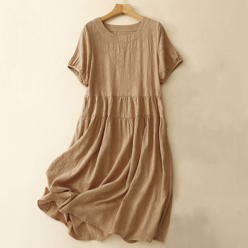 Buddha Stones Summer Jacquard Plain Elastic Cuff Design Crew Neck Short Sleeve Cotton Midi Dress - SandyBrown - US8-10，UK/AU12-14，EU40-42 (2XL) - image 10