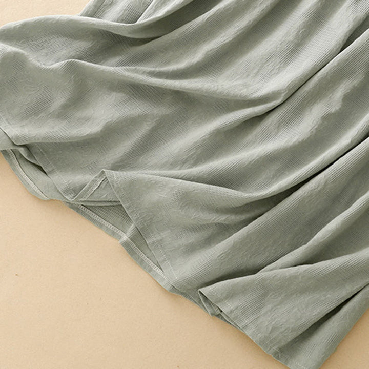 Buddha Stones Summer Jacquard Plain Elastic Cuff Design Crew Neck Short Sleeve Cotton Midi Dress - image 4