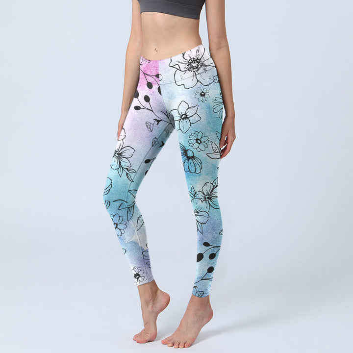Buddha Stones Black Line-Drawn Flower Leaves Pattern Print Gym Leggings Women's Yoga Pants - LightSkyBlue - US18，UK/AU22，EU50 (4XL) - image 0